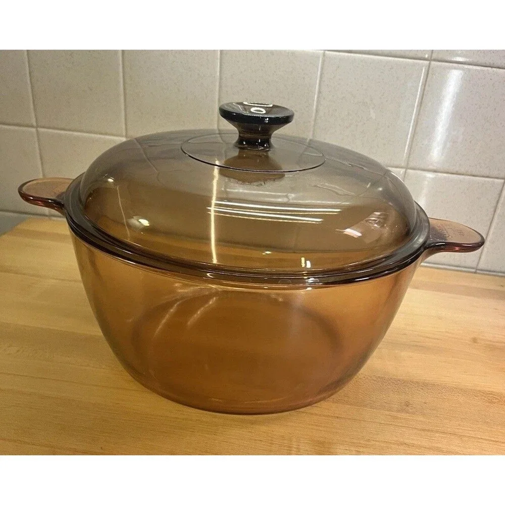 Vtg Corning Ware Visions Amber Glass Cookware 4.5L Dutch Oven Pyrex Lid Like New